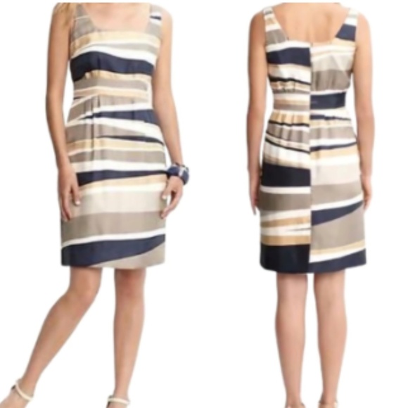 Banana Republic Taupe & Cream Preppy Diagonal Stripe 100% Silk Sheath Dress 8 - Picture 1 of 9